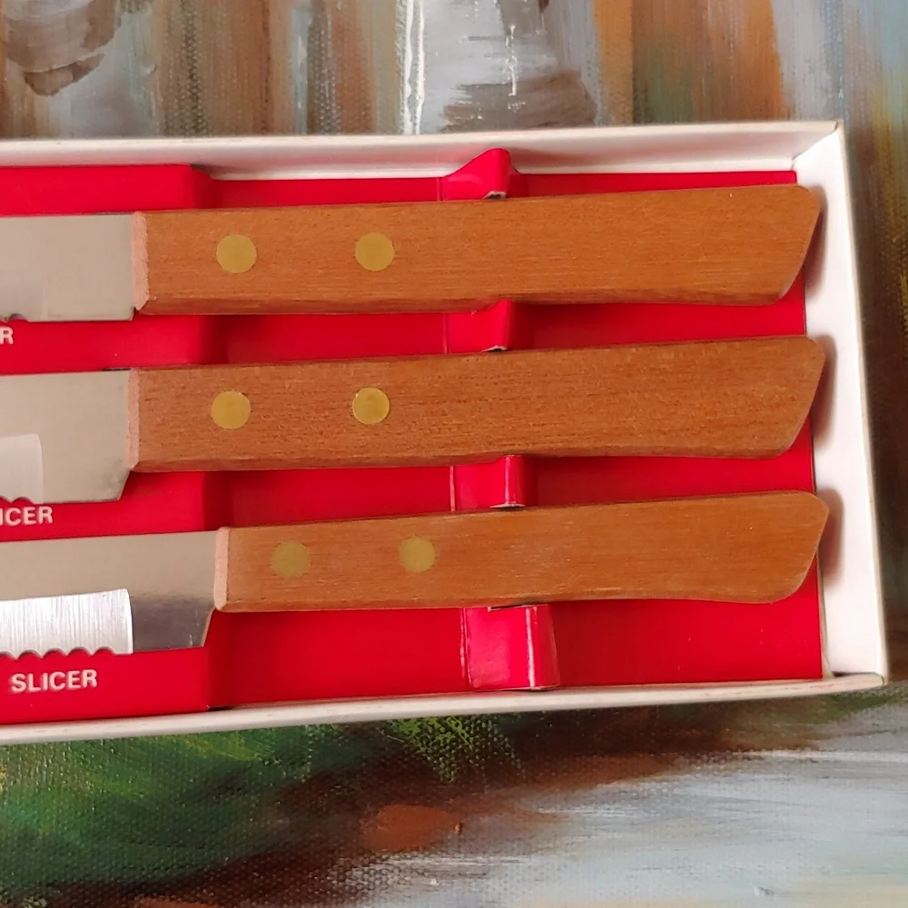Vtg Japan Made Carving Knife Set, Rose Wood Handle